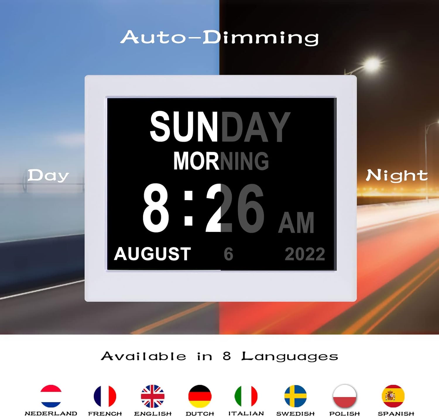 Digital Day Date Time Clock for Seniors with Medication Reminders