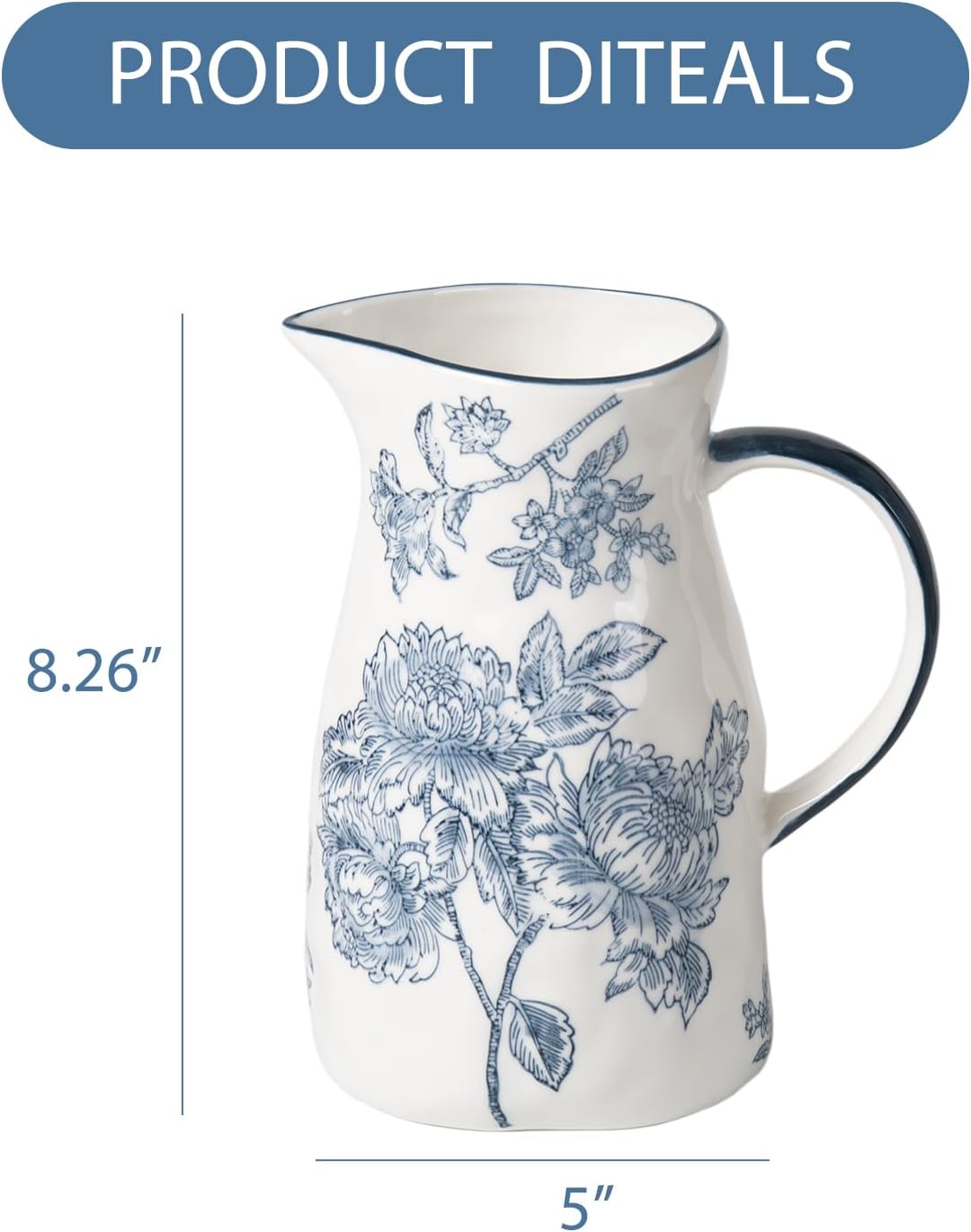Classic Ceramic Pitcher Vase Blue and White Decor with Handle