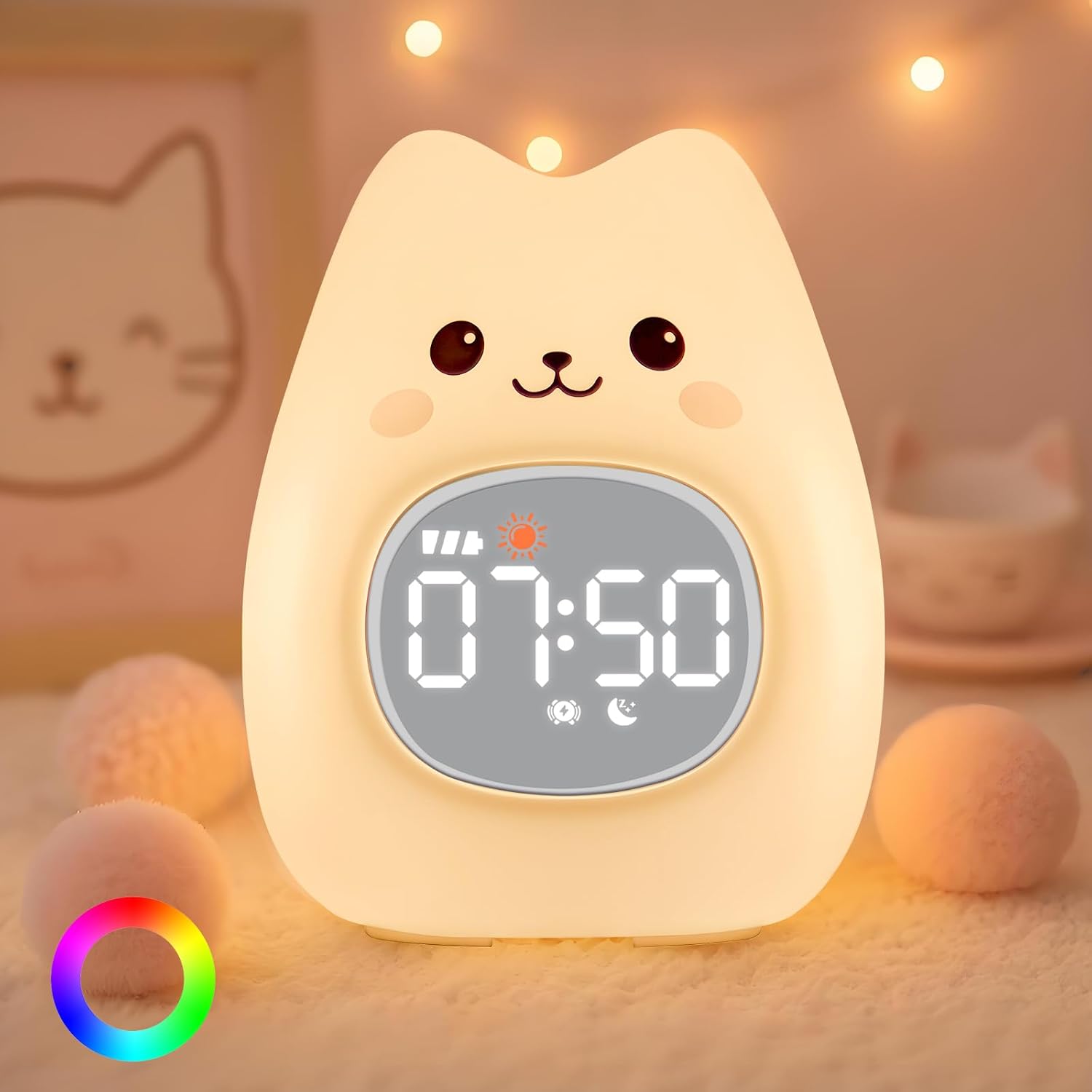 Cute Cat Alarm Clock with Night Light for Kids