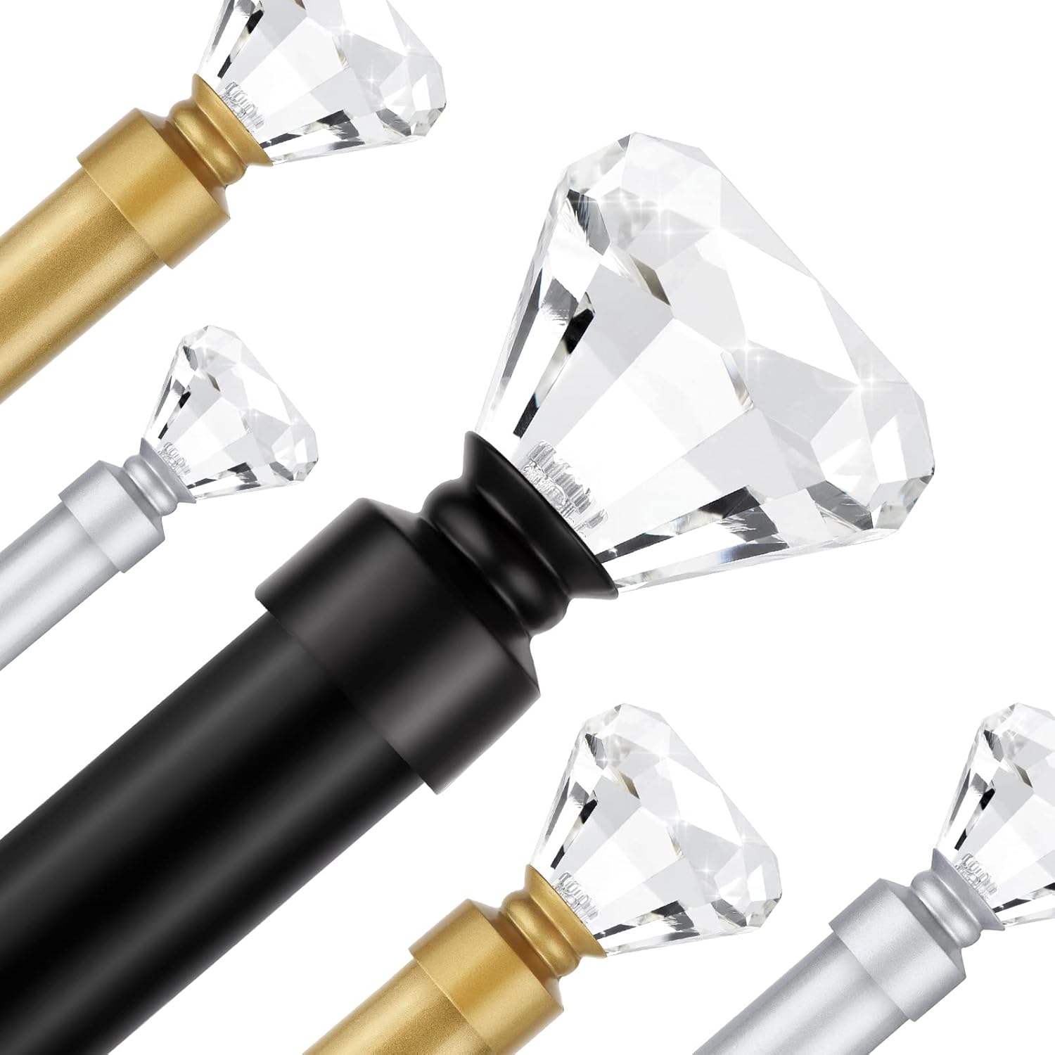 Black 1 Inch Adjustable Single Window Rod with Crystal Diamond Finials