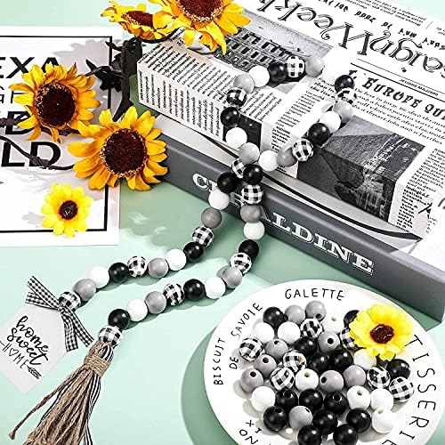 Farmhouse Plaid Wood Bead Garland with Tassel 40 Inch Decor