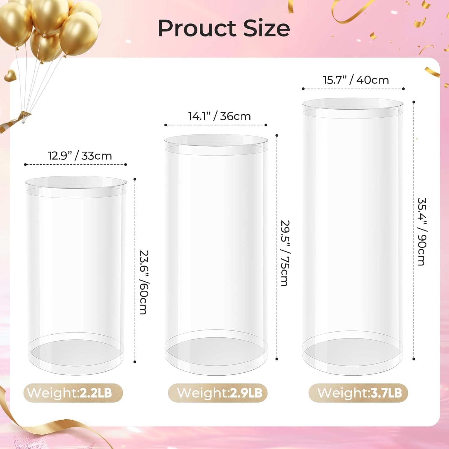 3 Pc Clear Acrylic Cylinder Pedestal Stand for Parties