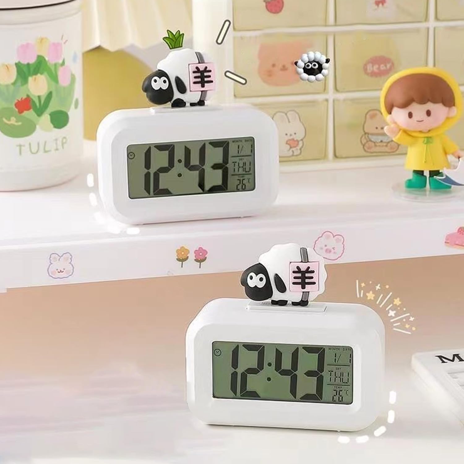 Cute Pink Pig White Sheep Shape Digital Alarm Clock