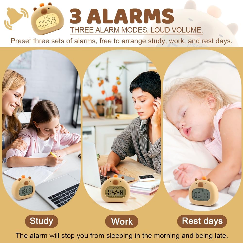 Capybara Kids Alarm Clock with Night Light and 3 Alarm Modes