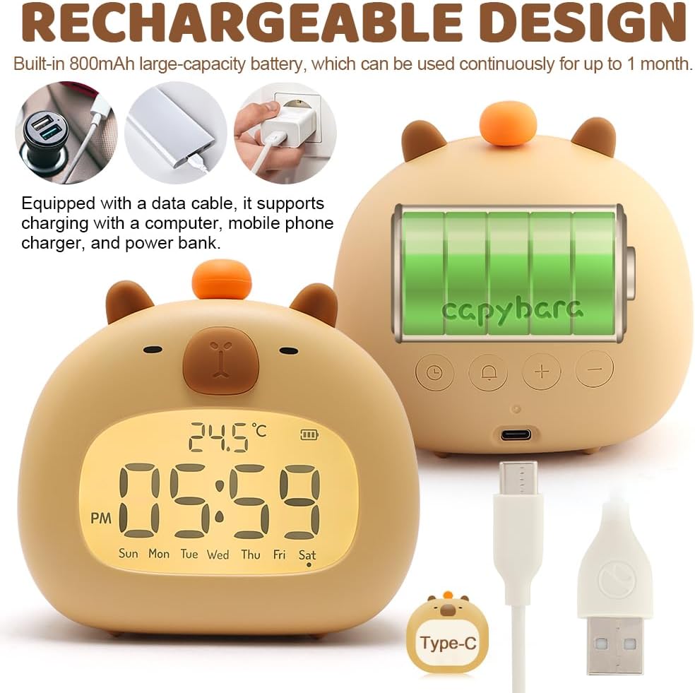 Capybara Kids Alarm Clock with Night Light and 3 Alarm Modes