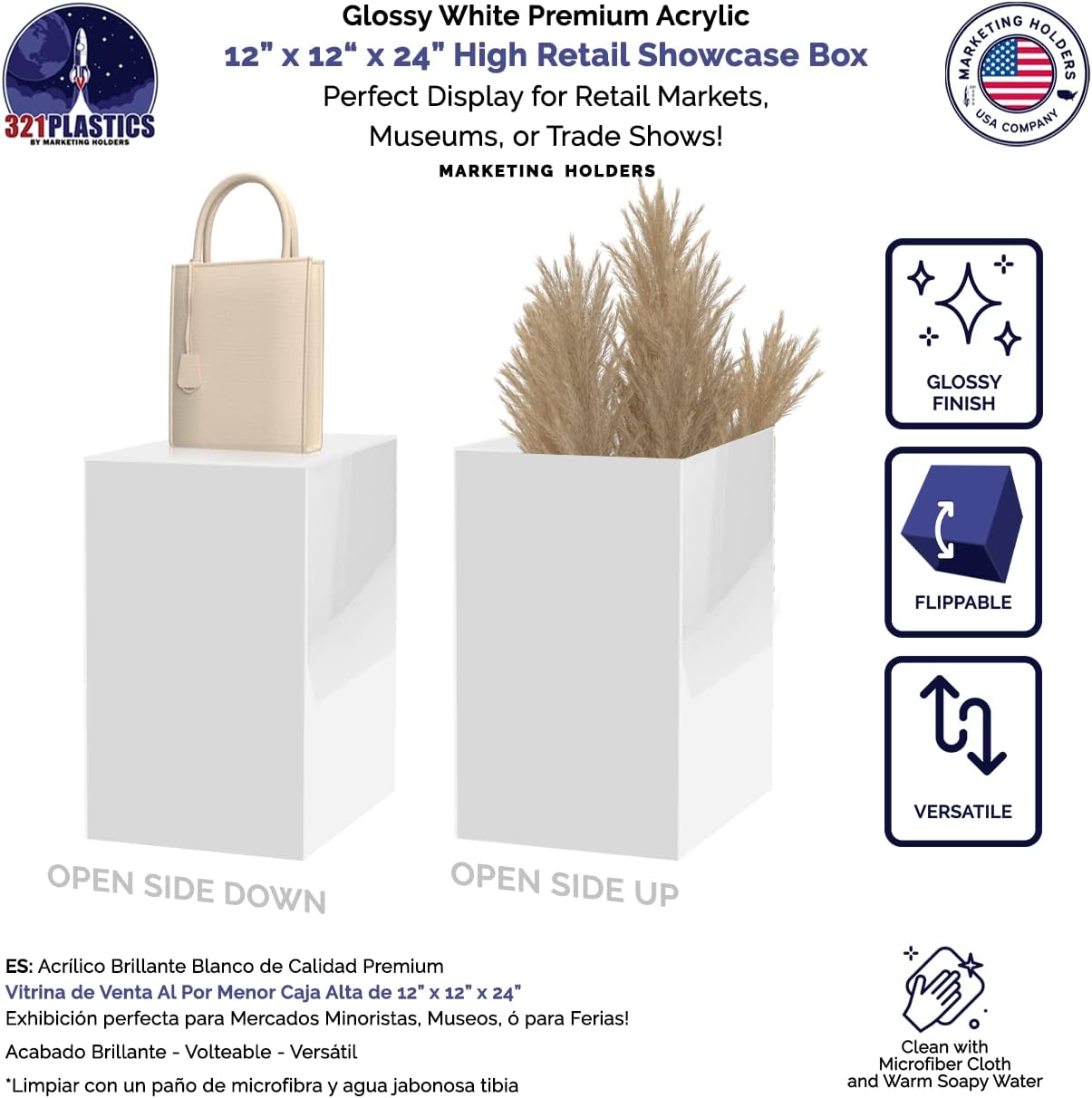 White Acrylic Display Box with Open Side 12x12x24