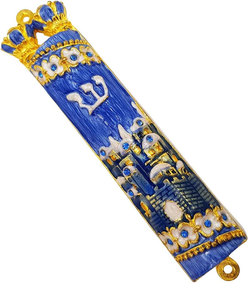 TALISMAN4U Blue Enamel Mezuzah Case with Gold Plated Crystals and Hebrew Scroll