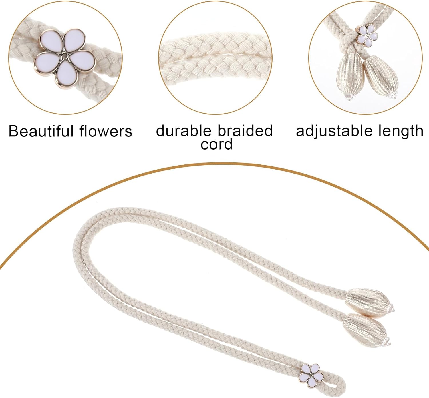 4 Piece Hand-Woven Cotton Curtain Tiebacks with Floral Buckles