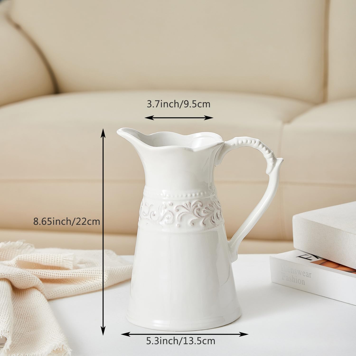White Ceramic Pitcher Vase 85 Inch Farmhouse Decor Jug