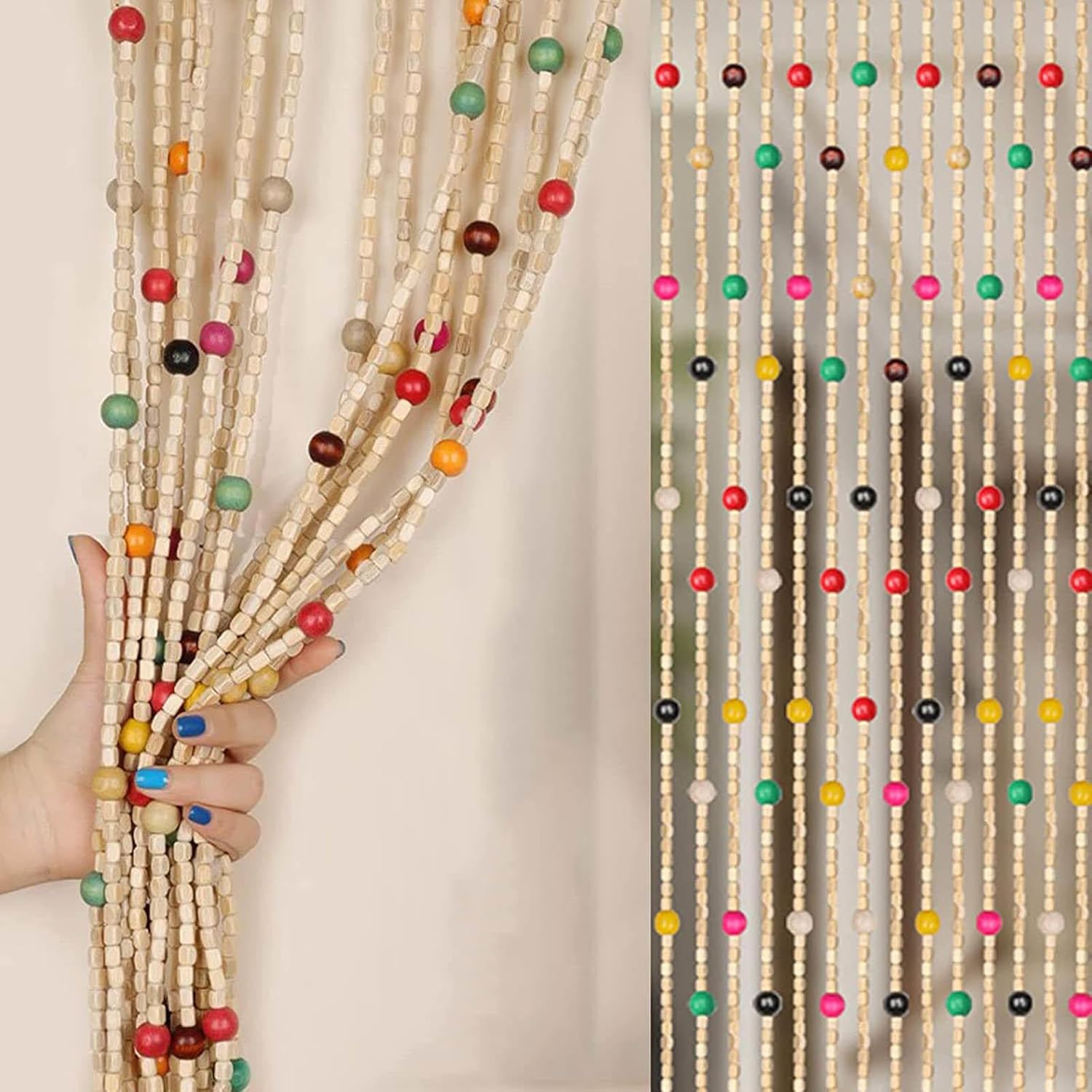 Natural Wood and Bamboo Beaded Curtain for Doorway and Hallway Entrance