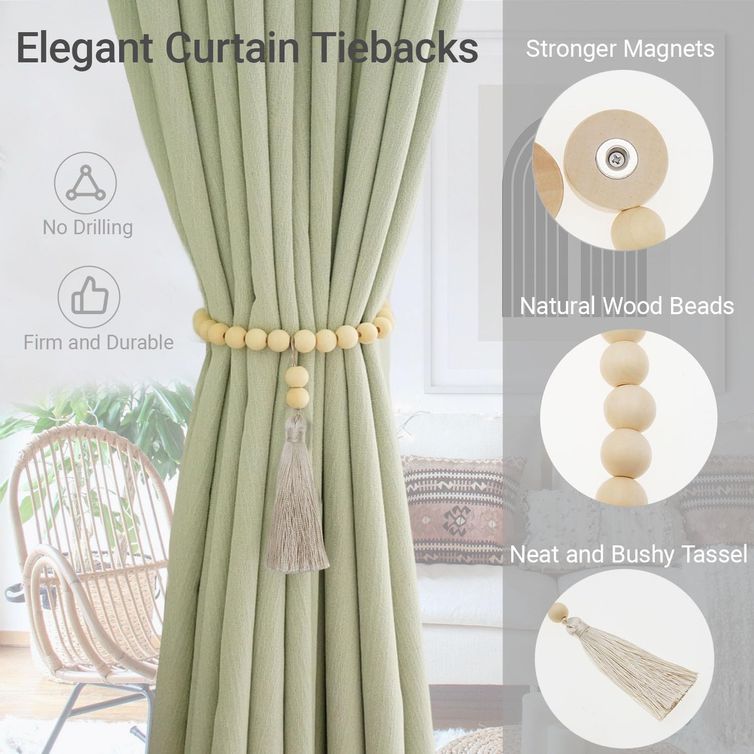 Magnetic Tassel Curtain Tiebacks - Set of 4 Beige