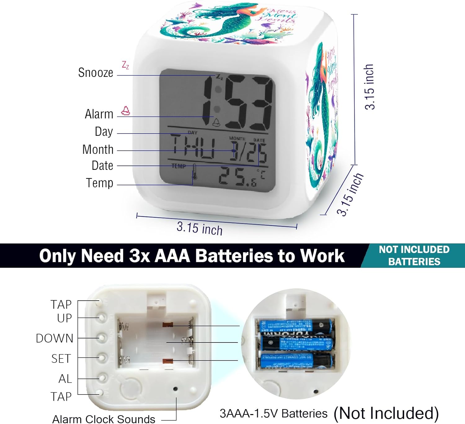 Mermaid Alarm Clock with Color Changing Nightlight