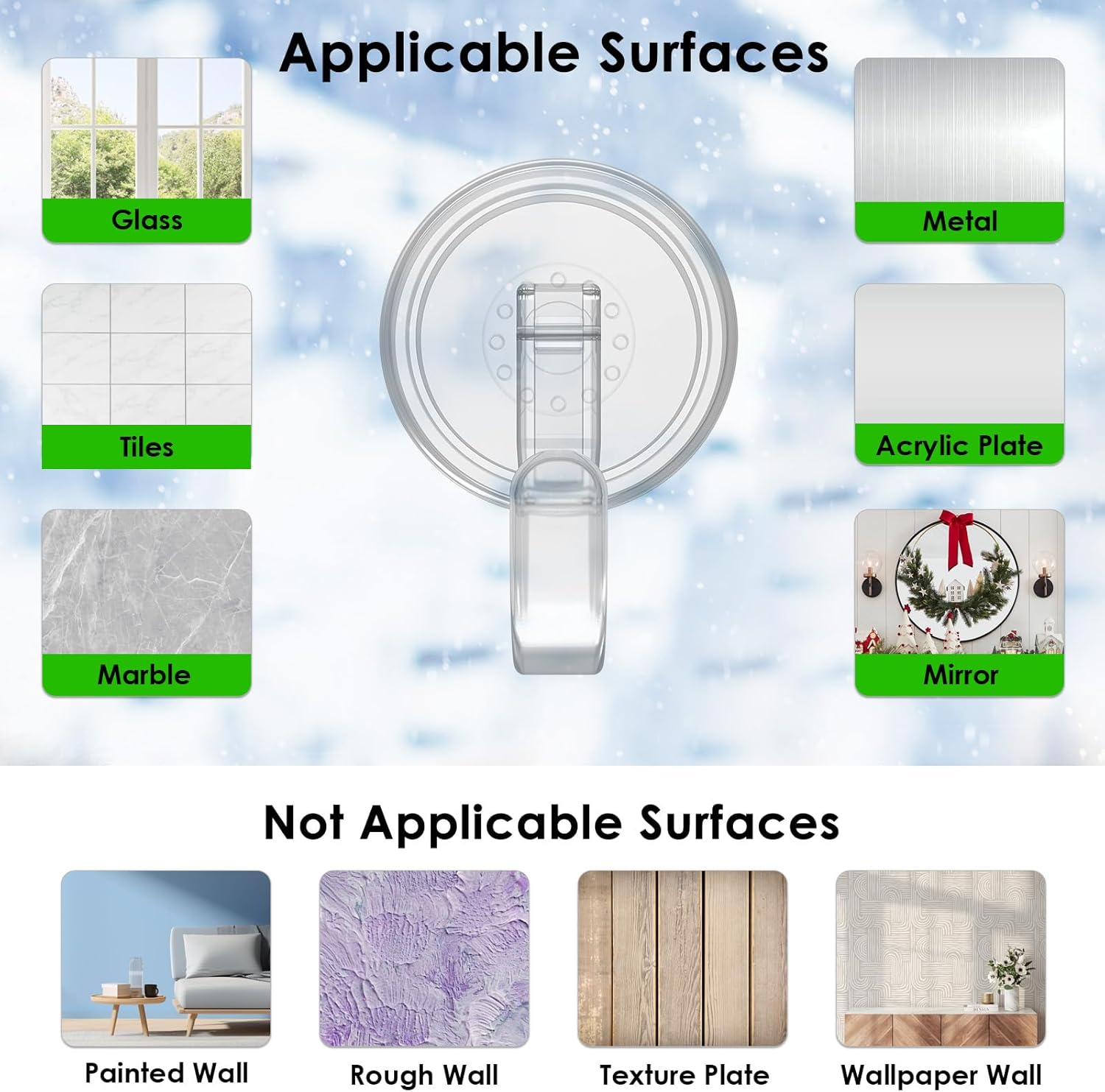 Clear Wreath Hanger 22 LB Suction Cup Hooks 2 Pack