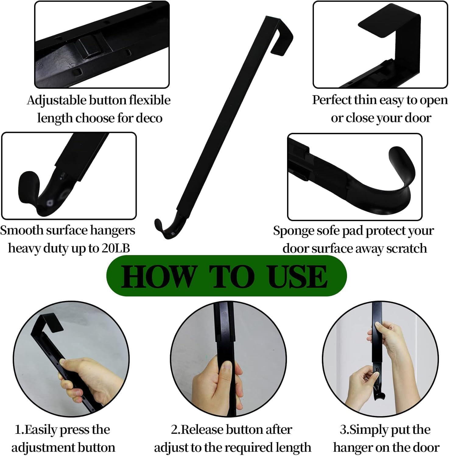 Adjustable Wreath Hanger for Front Door 15-25 Inches Black