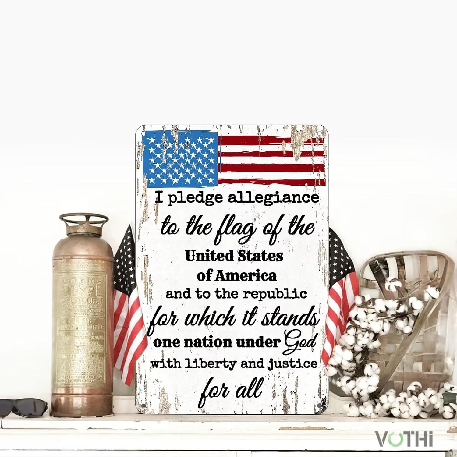 Vintage Tin Allegiance Flag Sign 12x8 In