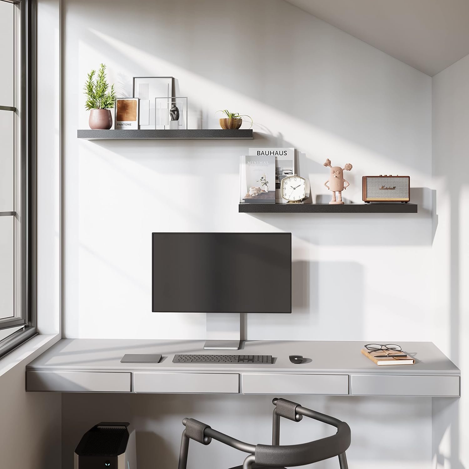 BAMEOS Floating Shelves Set of 2 - Black Wall Mounted Wooden Shelves