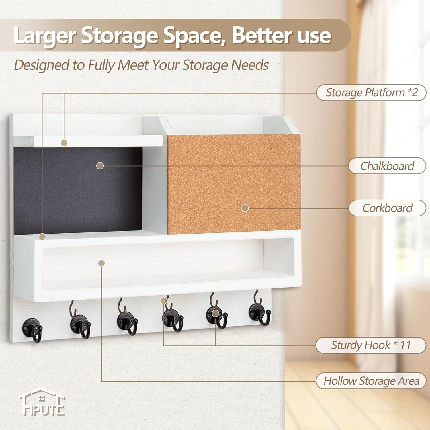 Fipute Key Holder Wall Mount with Chalkboard and Corkboard