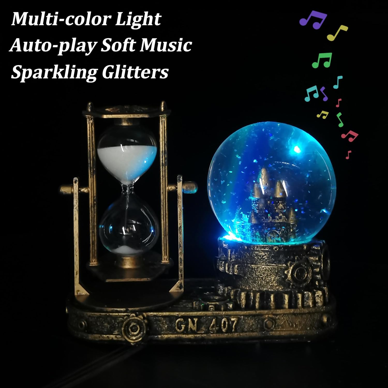 LED Crystal Snow Globe with Hourglass Sand Timer and Musical Music Box