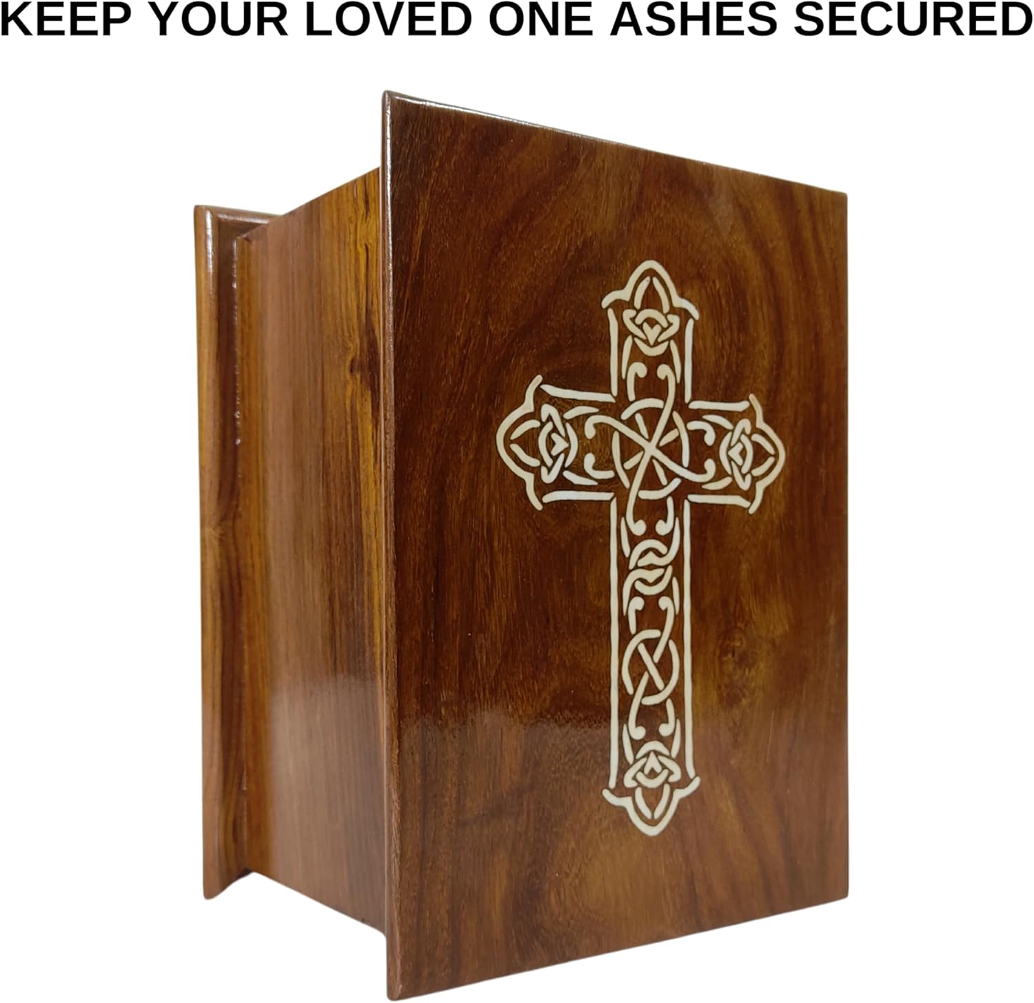 Handcrafted Wooden Urn with Black White Cross Engraving