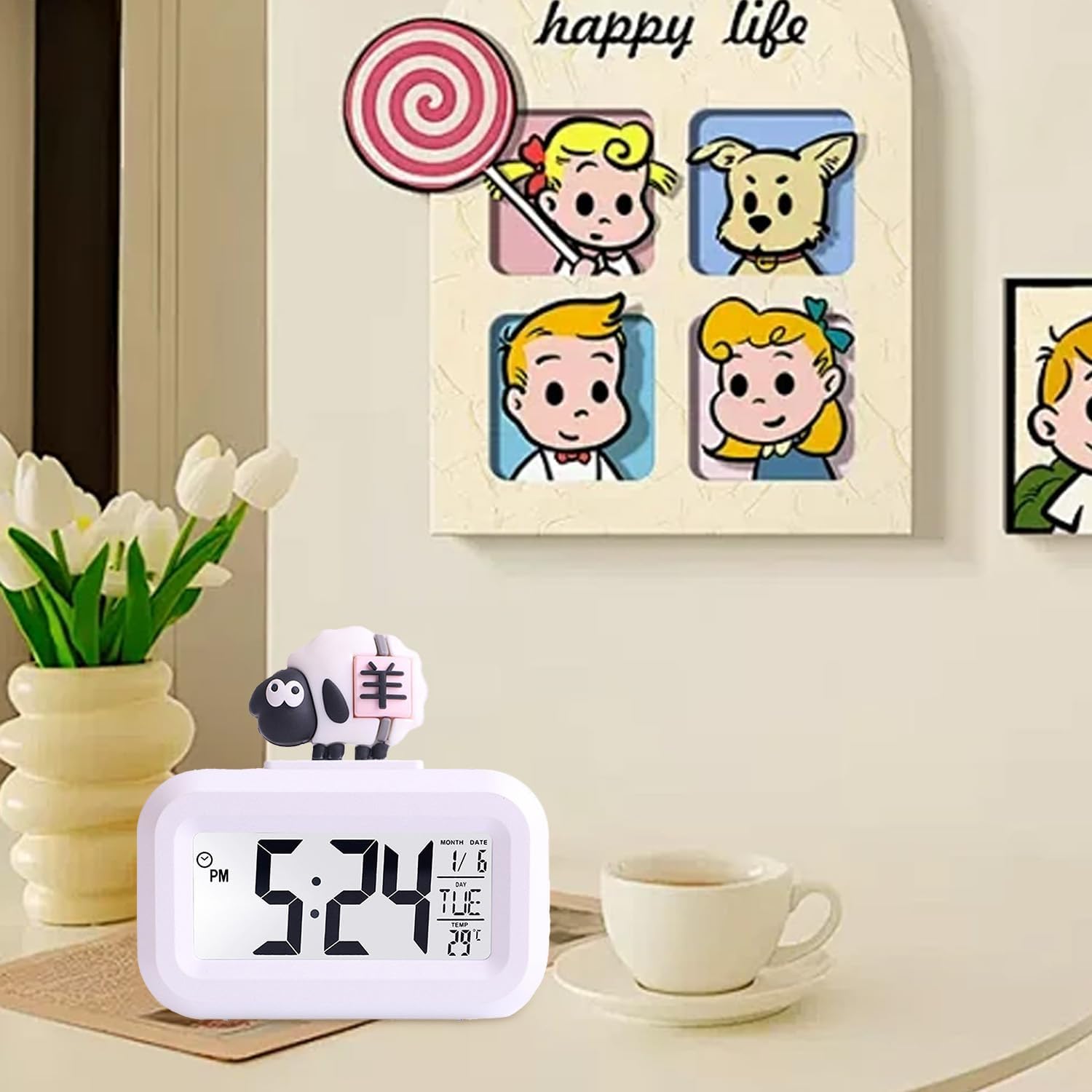 Cute Pink Pig White Sheep Shape Digital Alarm Clock
