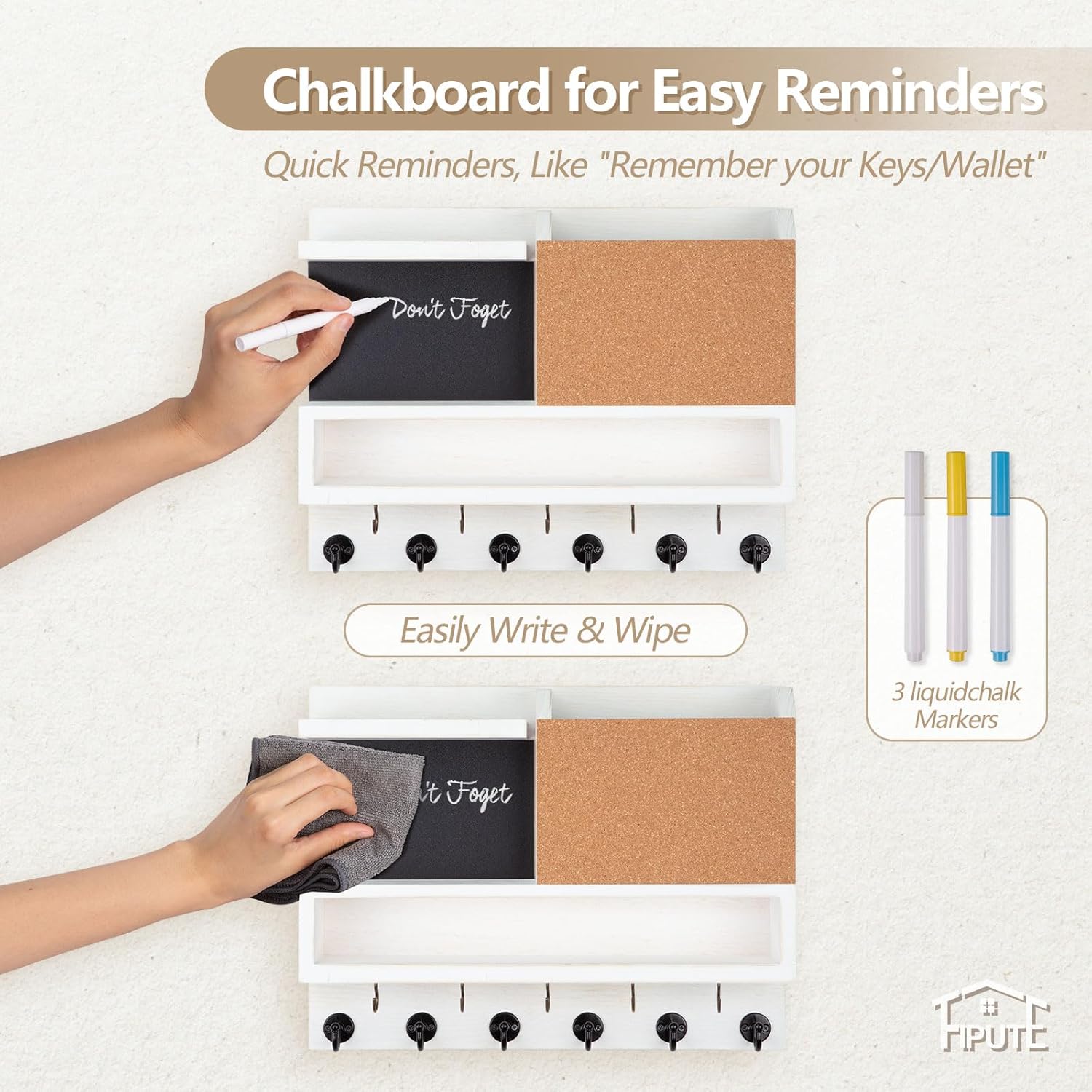 Fipute Key Holder Wall Mount with Chalkboard and Corkboard