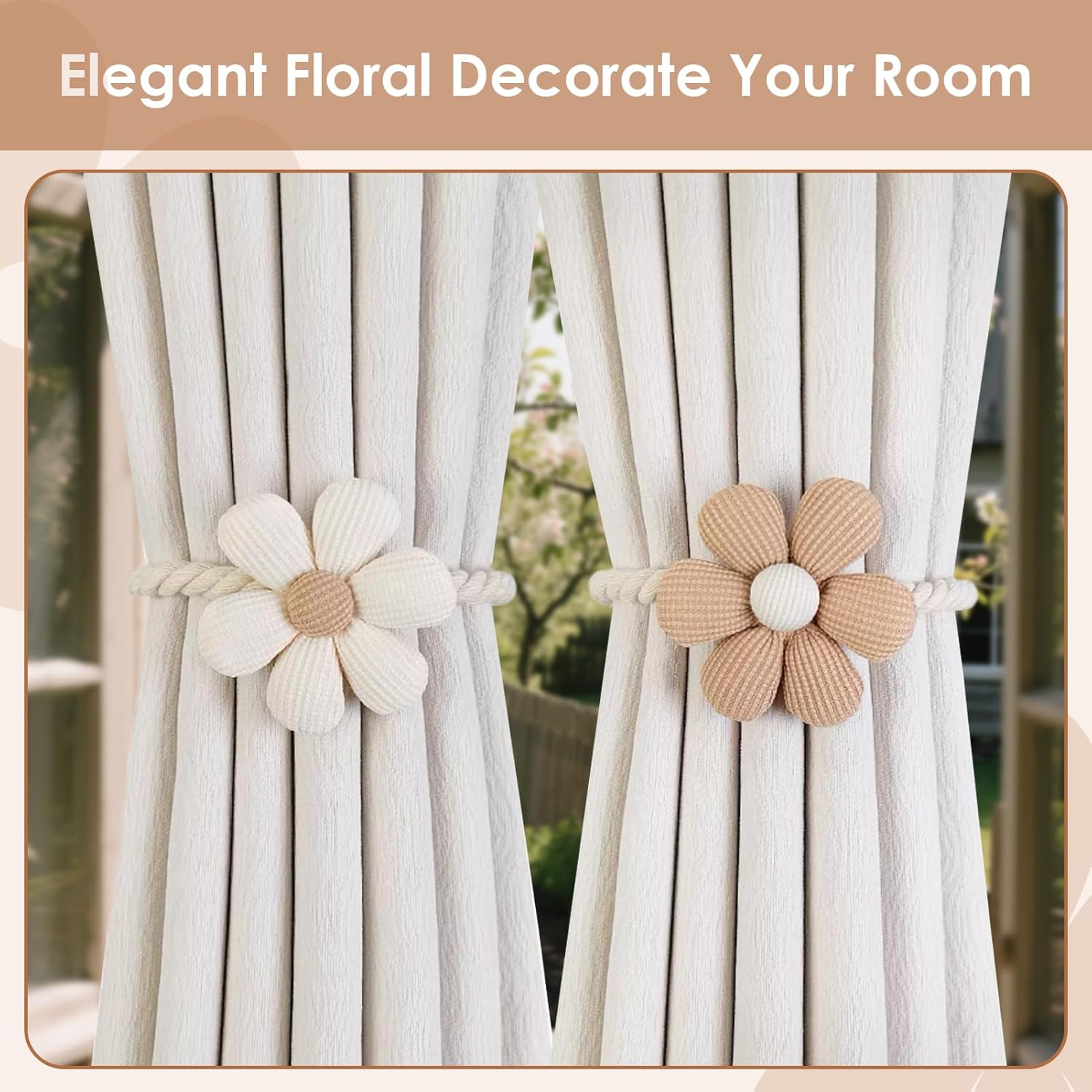 Magnetic Curtain Tiebacks 2 Pack Boho Flower Design Cream Beige