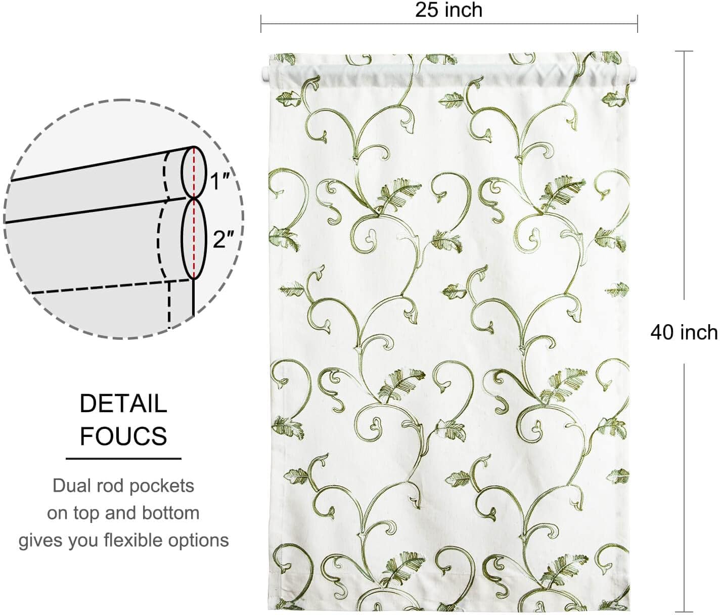VOGOL Beige Panel Curtains with Green Vines Embroidery for French Doors