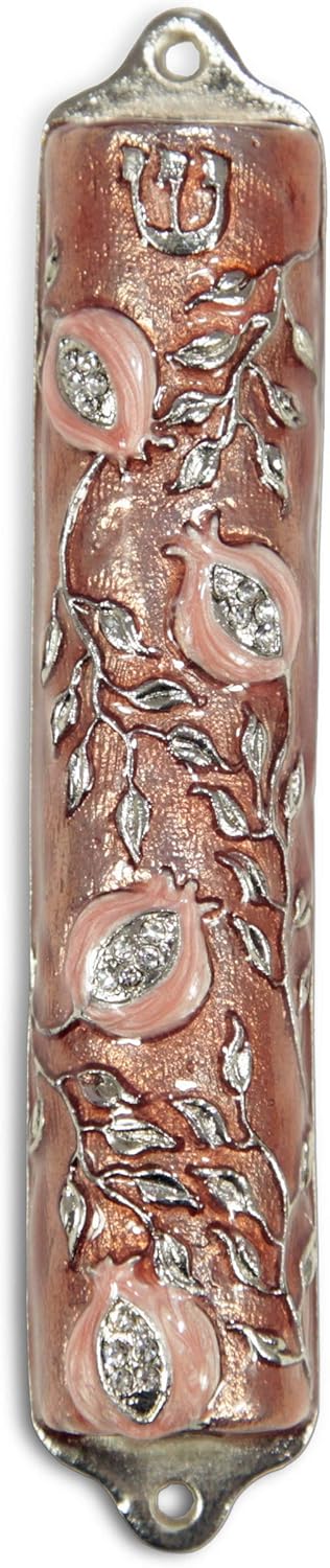 Bless This House Mezuzah Case 4 Inch Pomegranate Pewter Rose Pink