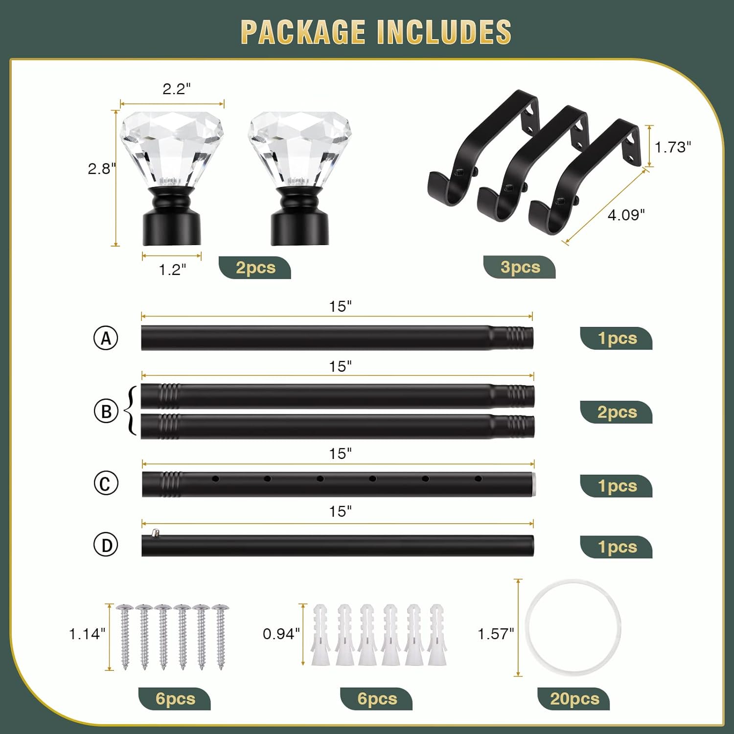 Black Curtain Rods With Crystal Diamond Finials 1 Inch Diameter
