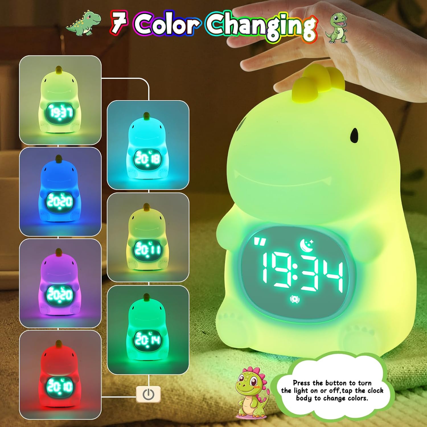 Dinosaur Alarm Clock with Sleep Training and Night Light for Kids