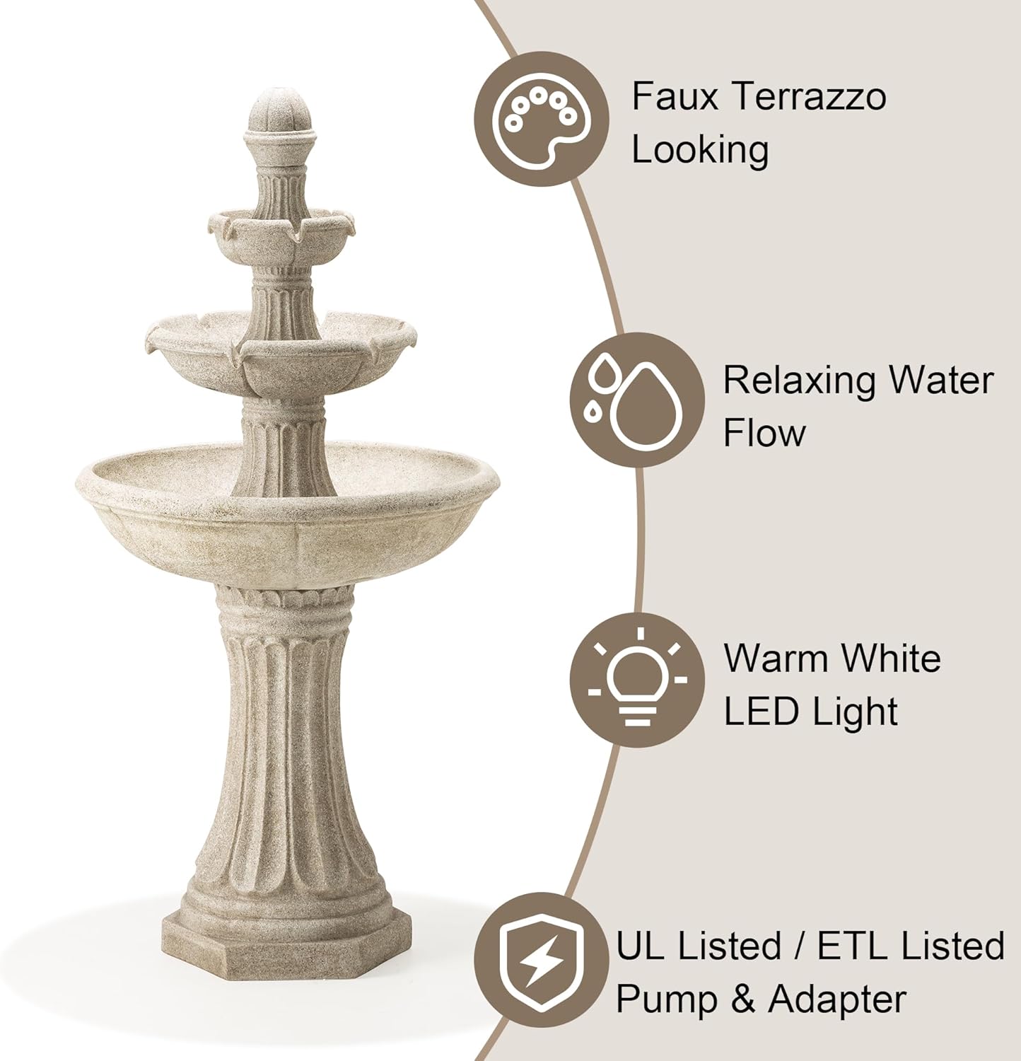 Glitzhome Three Tier Outdoor Floor Fountain with LED Lights and Pump