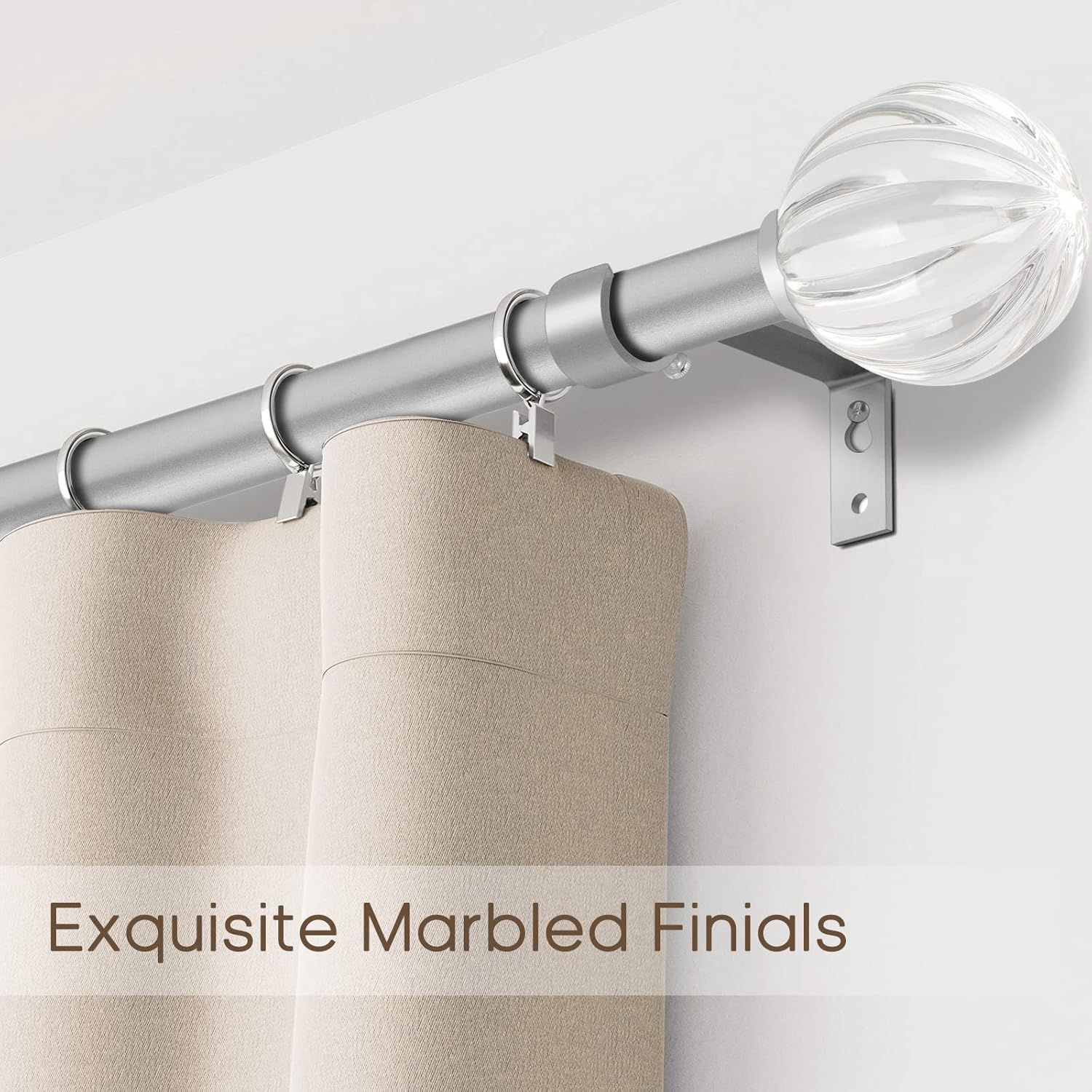 DAINTIER 34 Inch Single Window Curtain Rod with Crystal Acrylic Finial Matte Silver