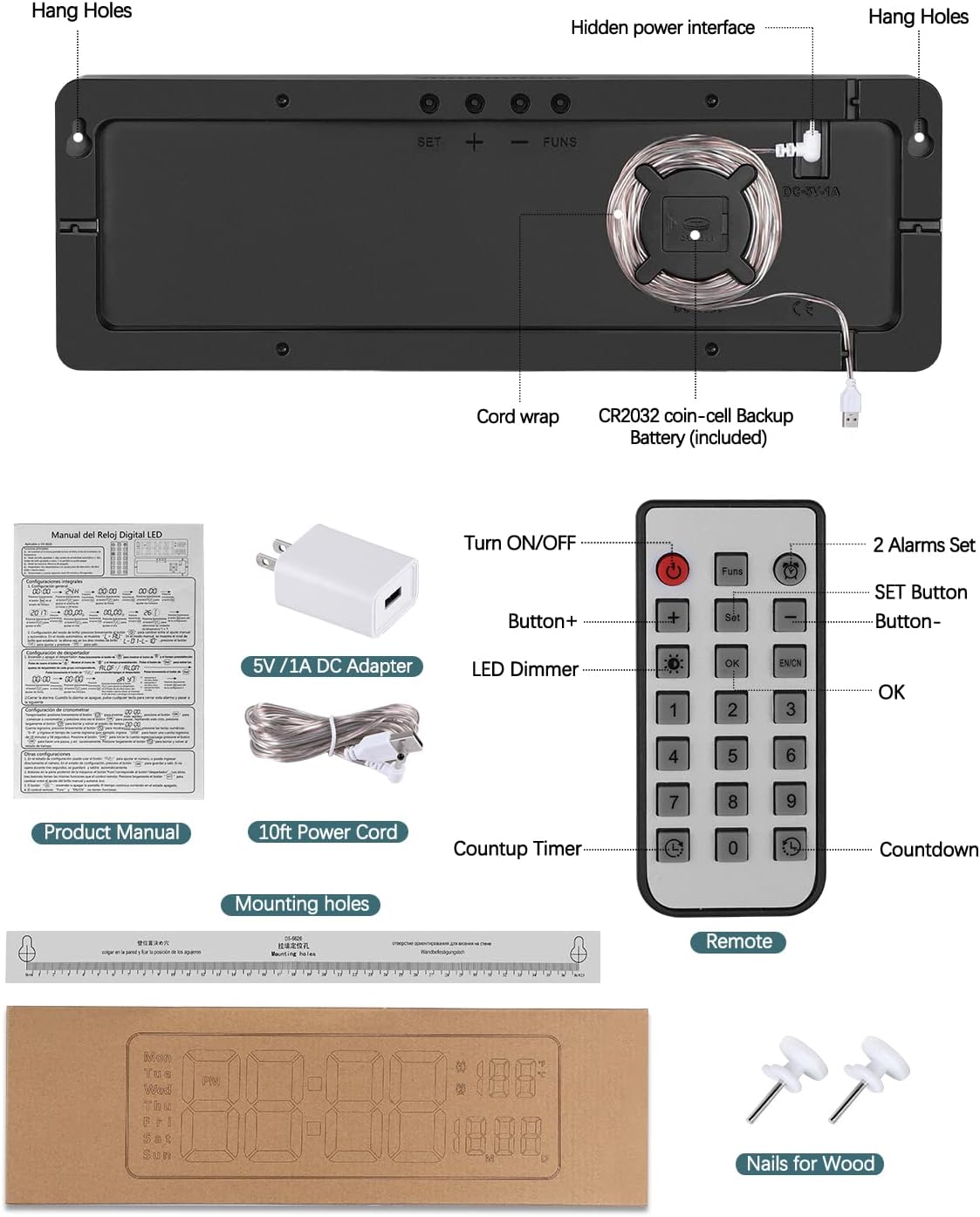JoFomp 16 Inch Digital Wall Clock with Remote Control