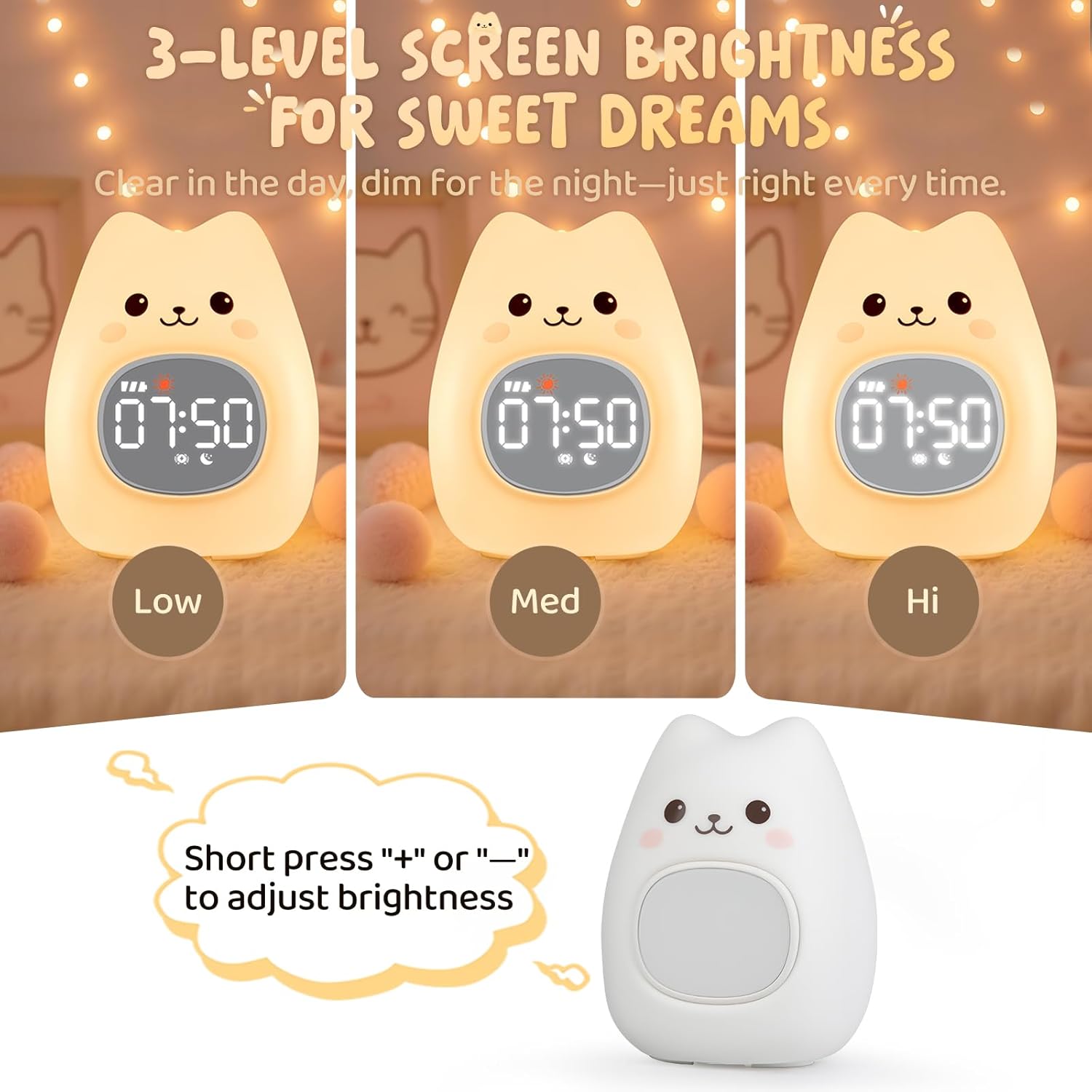 Cute Cat Alarm Clock with Night Light for Kids