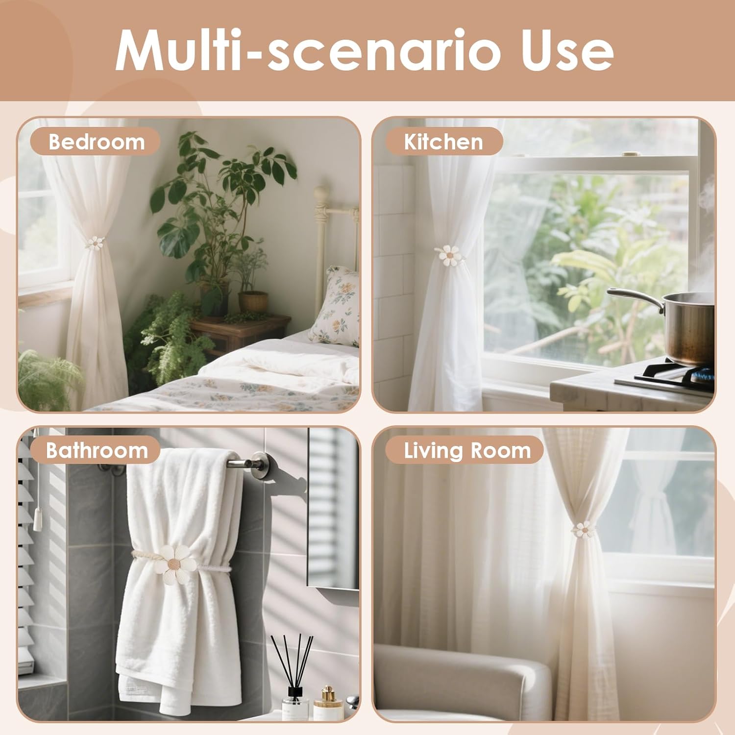 Magnetic Curtain Tiebacks 2 Pack Boho Flower Design Cream Beige