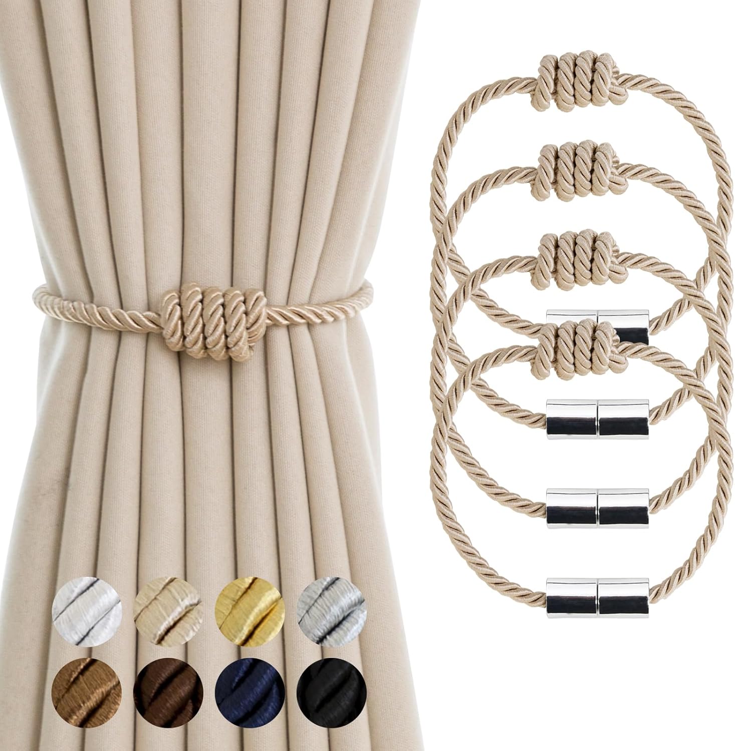 Contoeey Magnetic Curtain Tiebacks 4 Pack Beige