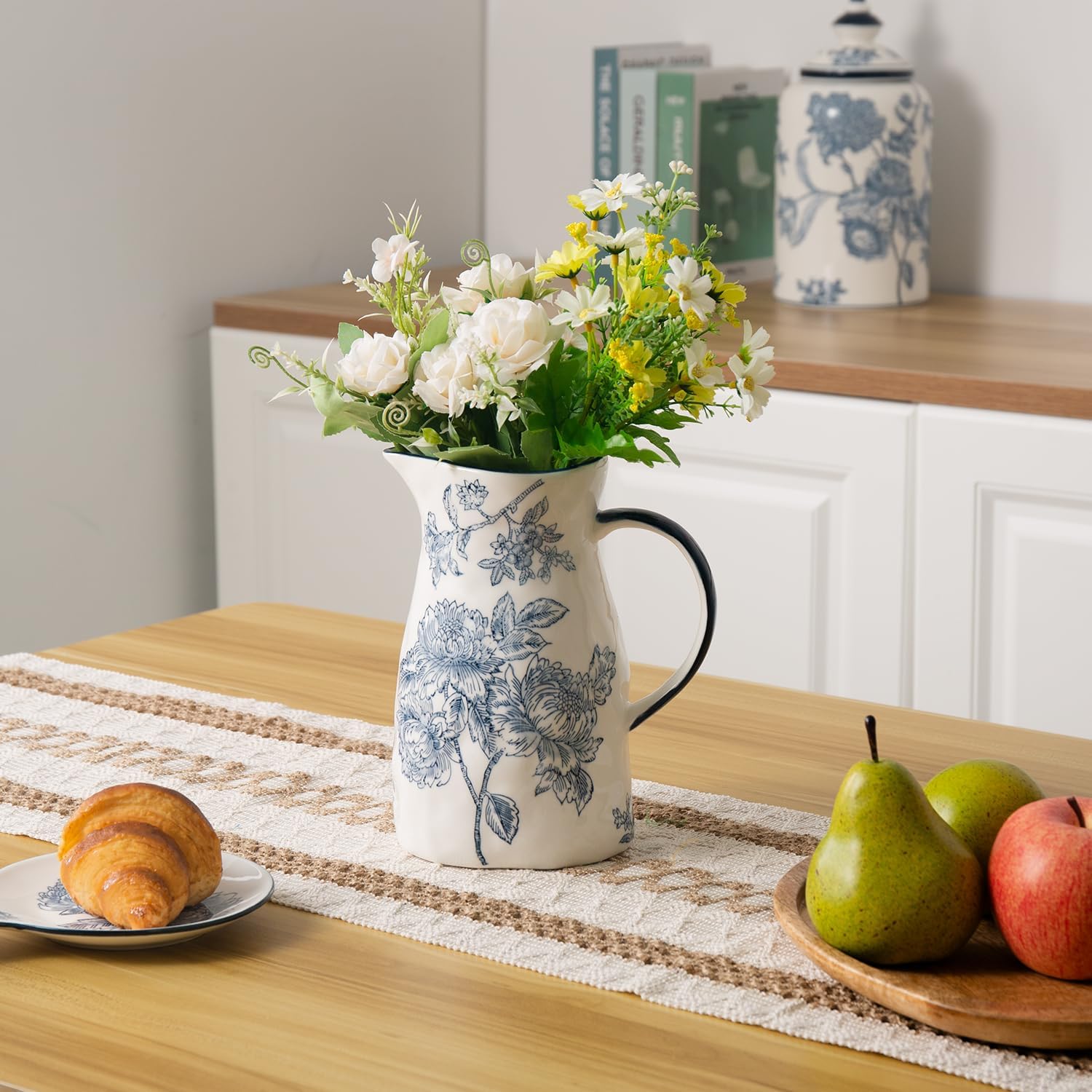 Classic Ceramic Pitcher Vase Blue and White Decor with Handle