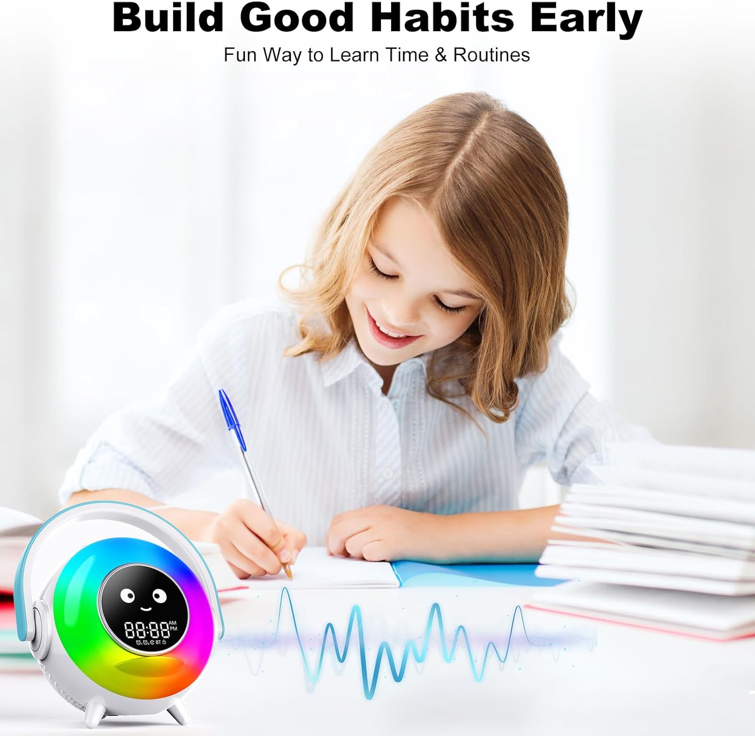 Cute RGB Alarm Clock with Night Light and Bluetooth for Kids