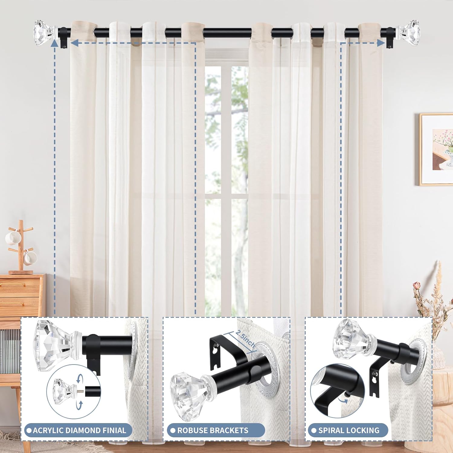 TVWOO Matte Black Crystal Window Rods 66-120 Inch