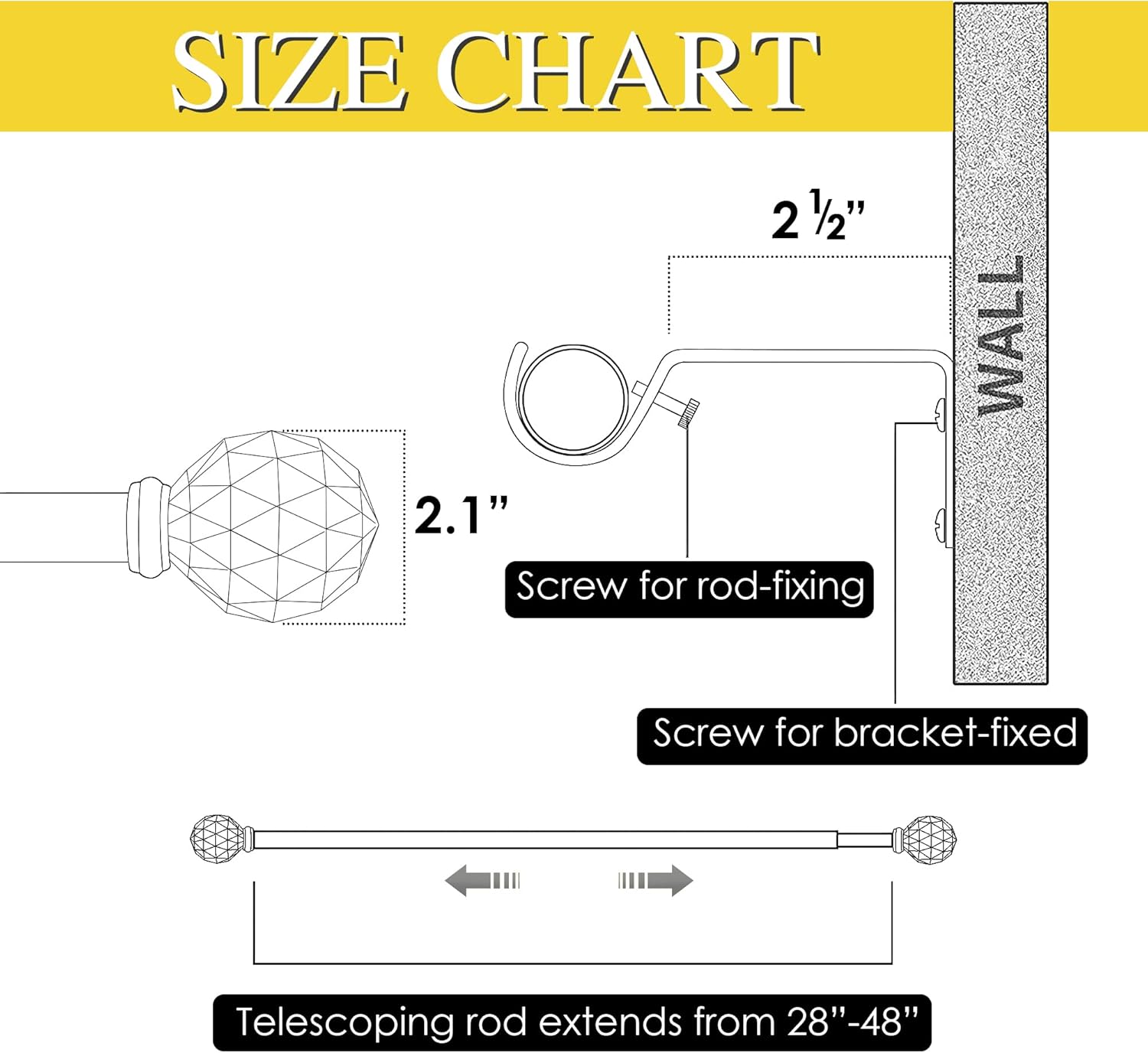 NICETOWN Adjustable Curtain Rod with Faceted Ball Ends 28-48 Inches Matte White