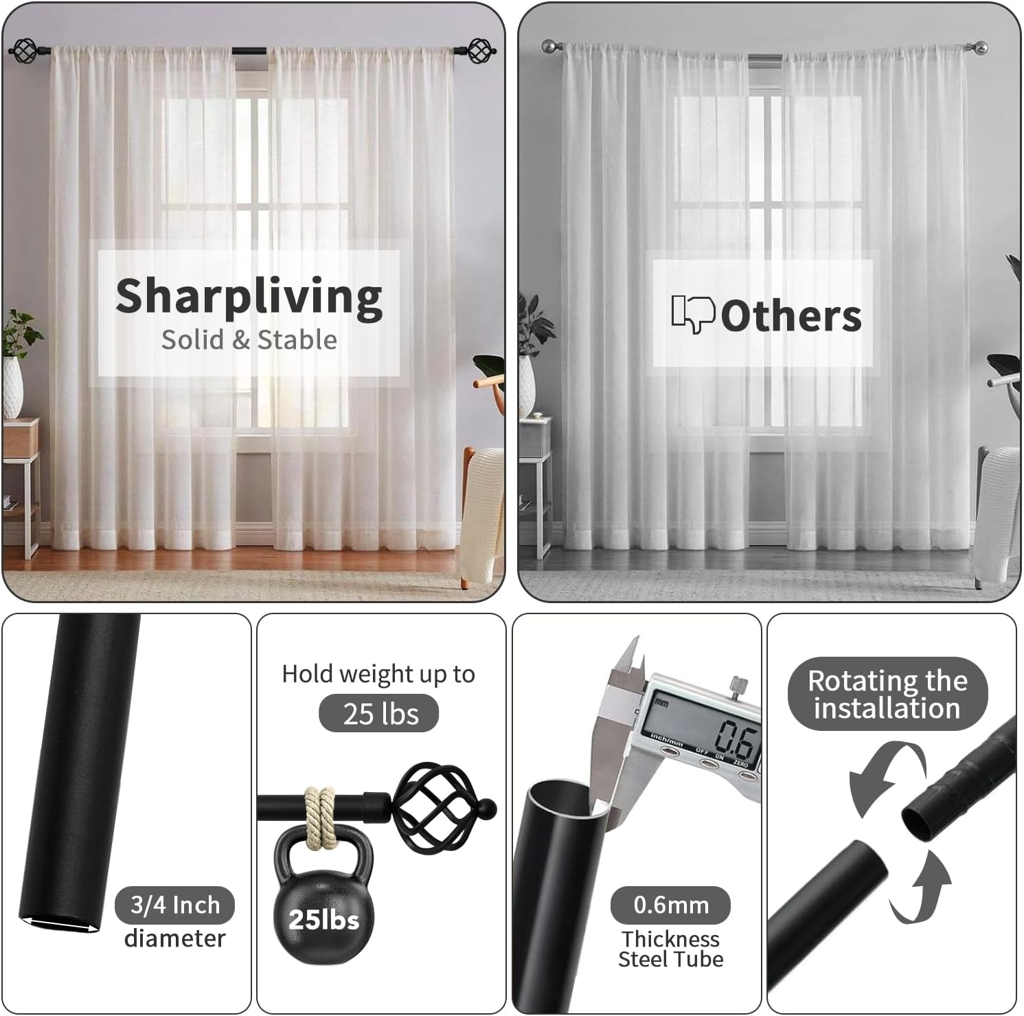 Sharpliving Bronze Adjustable Single Curtain Rod 48-84 Inch Long