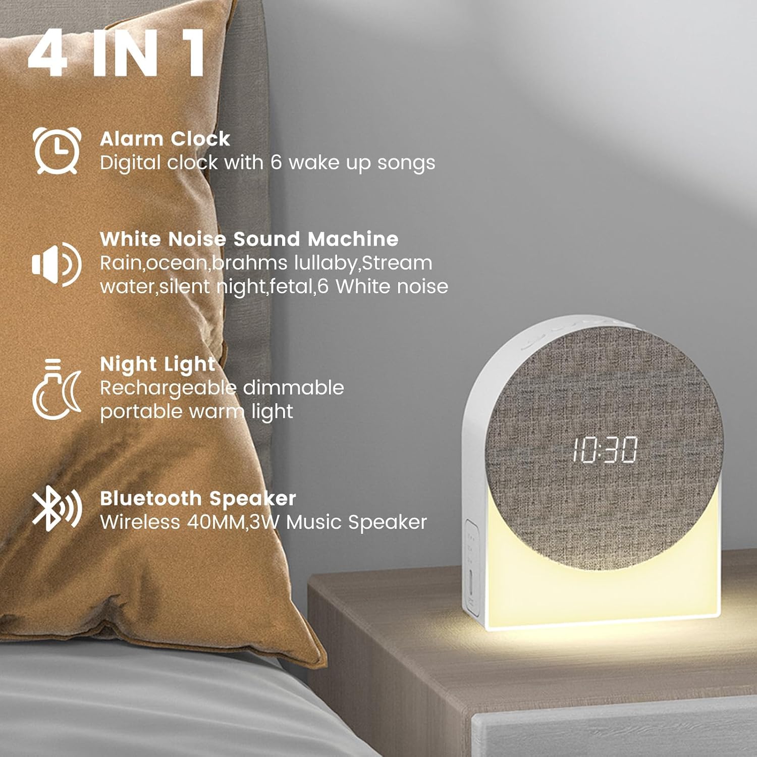 LOCZAR White Noise Alarm Clock with Night Light and Bluetooth Speaker