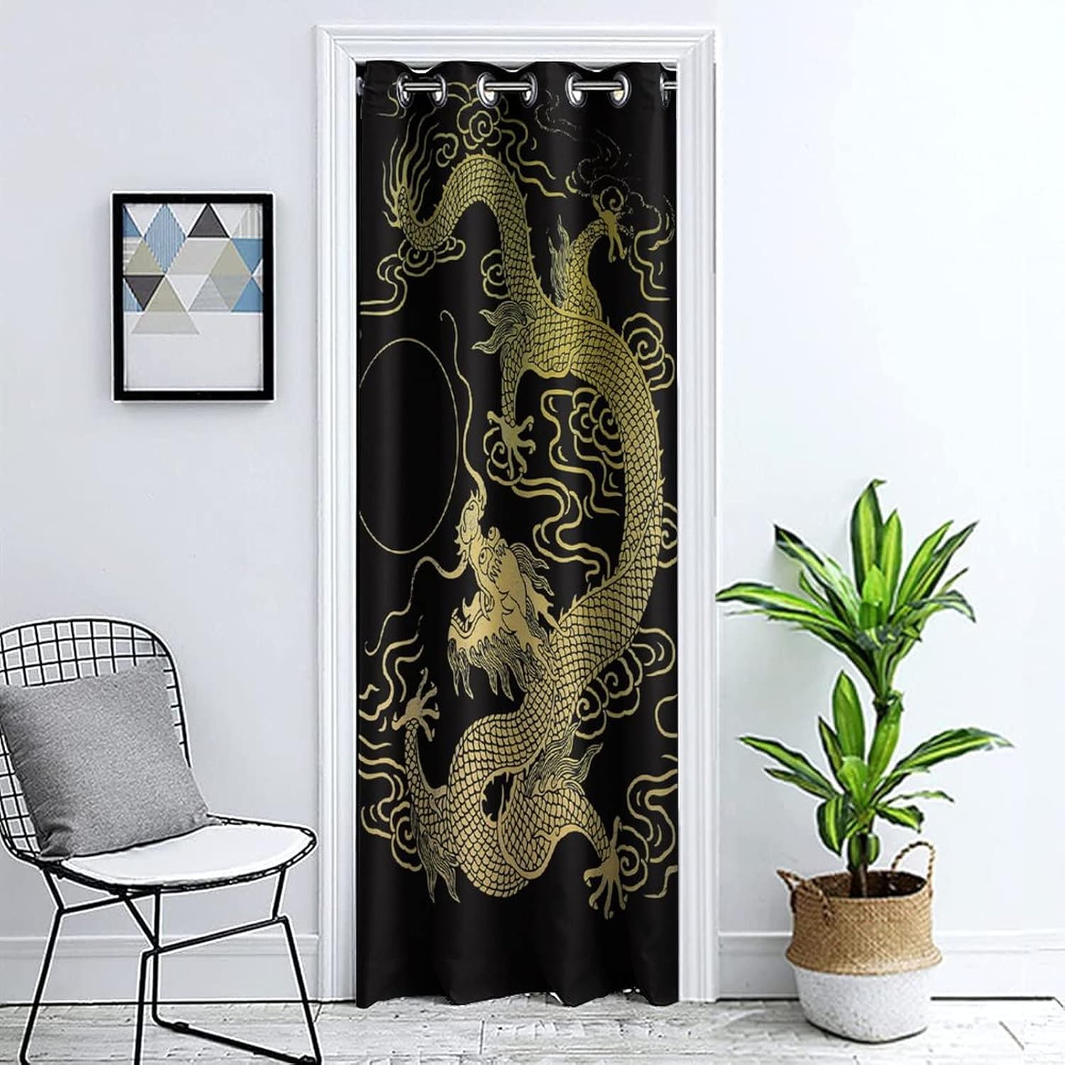 Gold Dragon Print Door Curtain Panel 39x78 Inches
