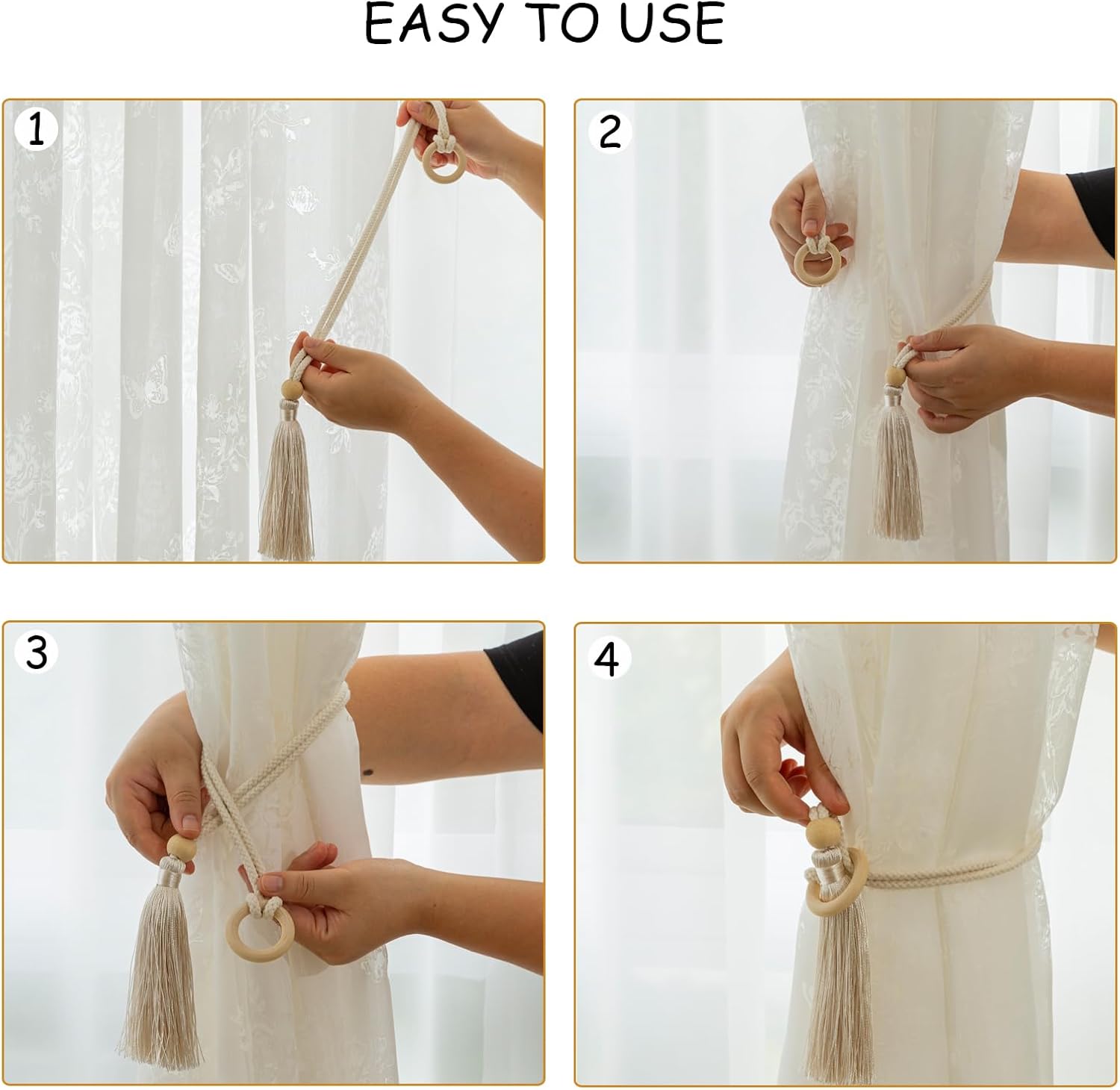 Boho Beige Curtain Tiebacks Holders 4 Pack