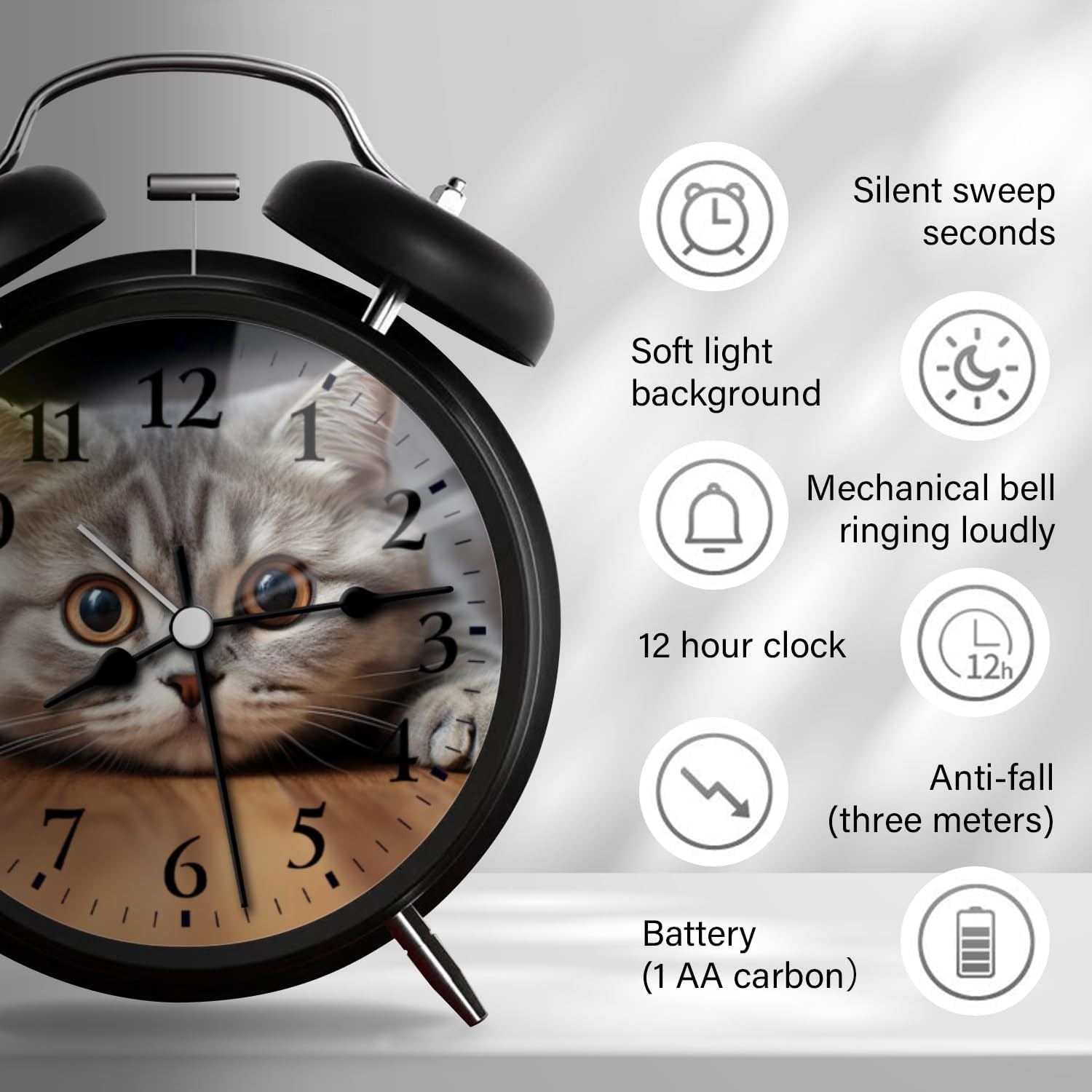 Analog Alarm Clock with Night Light and Silent Movement