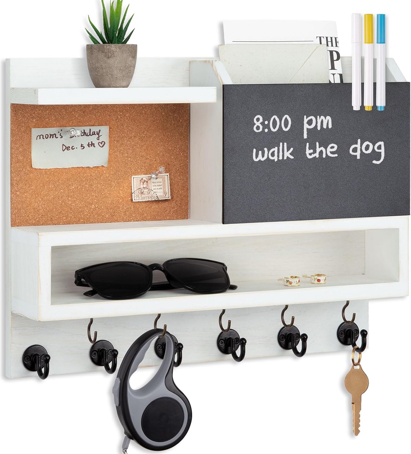 Fipute Key Holder Wall Mount with Chalkboard and Corkboard