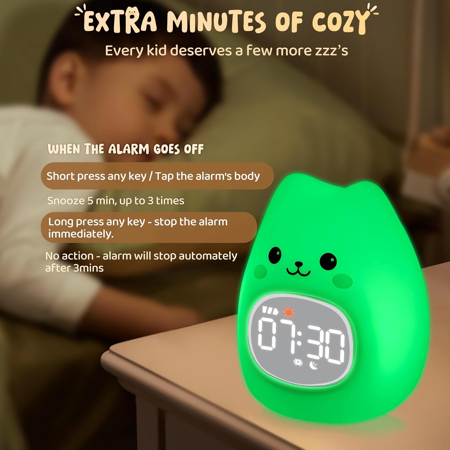Cute Cat Alarm Clock with Night Light for Kids
