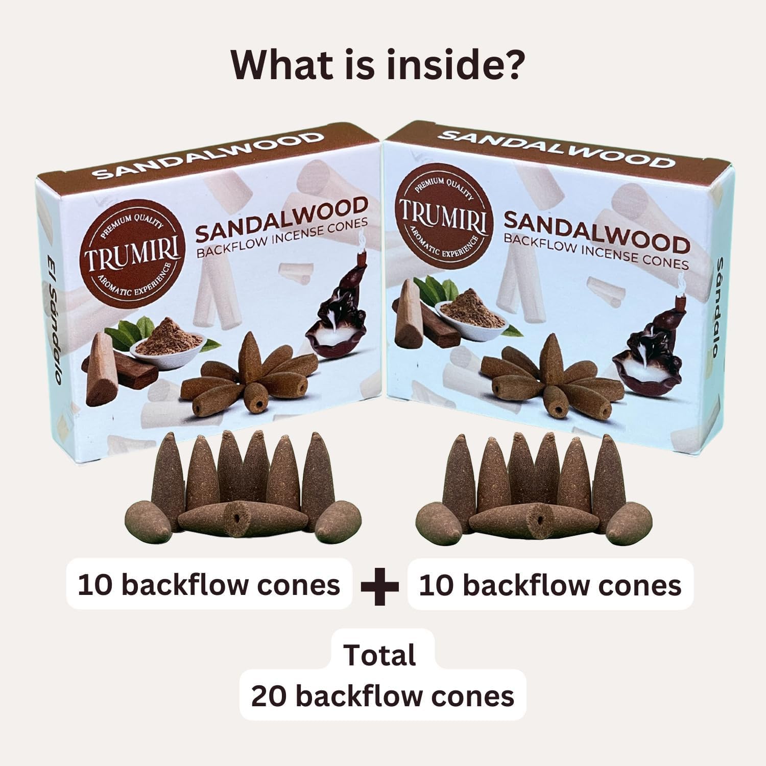 TRUMIRI Sandalwood Backflow Incense Cones - 20 pcs Dual Pack