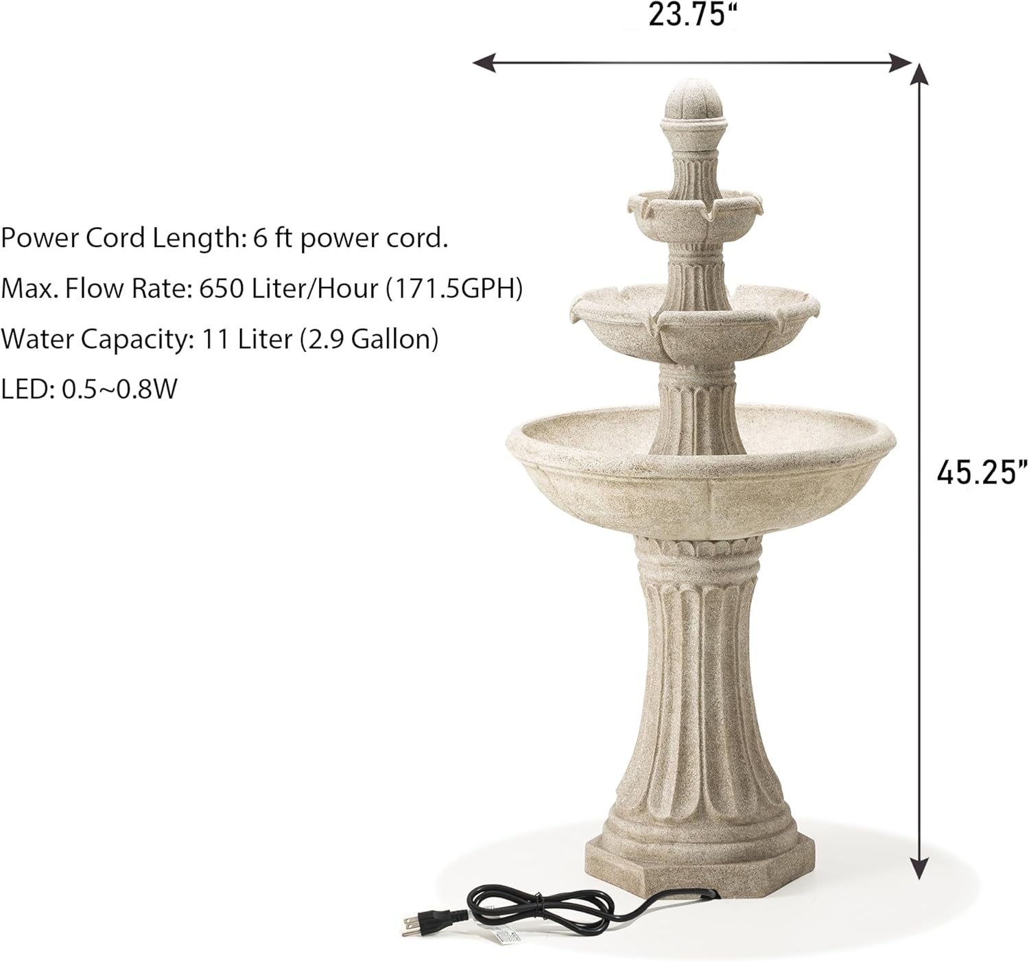 Glitzhome Three Tier Outdoor Floor Fountain with LED Lights and Pump