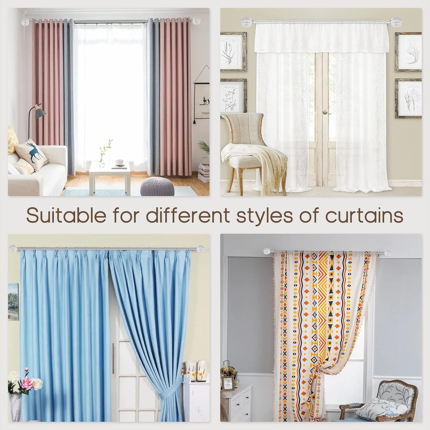 DAINTIER 34 Inch Single Window Curtain Rod with Crystal Acrylic Finial Matte Silver